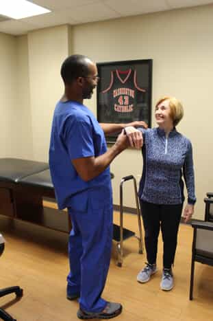 Daviess Community Hospital Orthopaedic Surgeon Marcus Thorne works with Becky Dayton who shares her journey from shoulder surgery and recovery